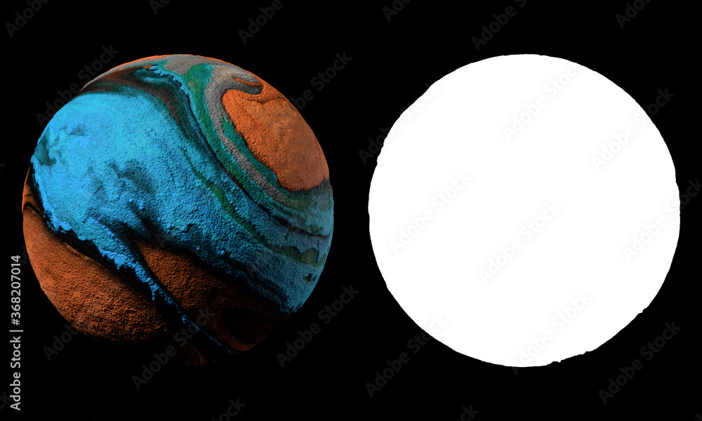 Poster 3d render of abstract planet surface made of a lot of sphere particles. colorful vibrant sphere. iso