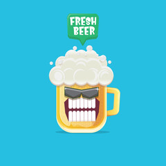 vector cartoon funky beer glass character with sunglasses isolated on blue background. Vector funny beer label or poster design template. International beer day cartoon comic poster or greeting banner
