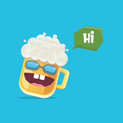 vector cartoon funky beer glass character with sunglasses isolated on blue background. Vector funny beer label or poster design template. International beer day cartoon comic poster or greeting banner