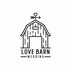 Simple line / mono line Barn with arrows and heart love for Wedding logo design