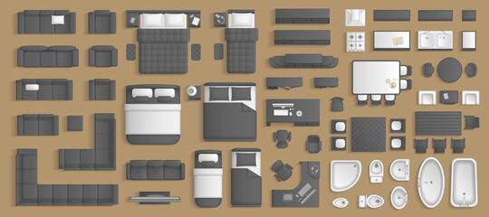 Icons set of interior. Furniture top view. Elements for the floor plan. (view from above). Furniture and elements for living room, bedroom, kitchen, bathroom, office. - 368207802