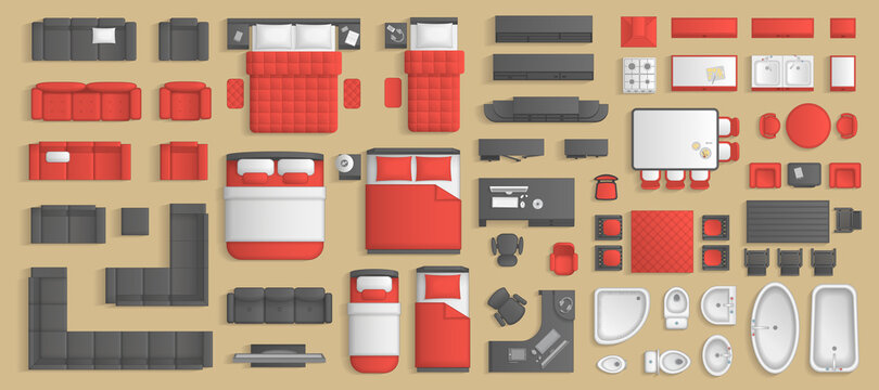 Icons Set Of Interior. Furniture Top View. Elements For The Floor Plan. (view From Above). Furniture And Elements For Living Room, Bedroom, Kitchen, Bathroom, Office.