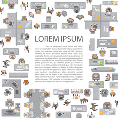 Office in the form of a square frame. Top view. People at work in open space. (view from above)
