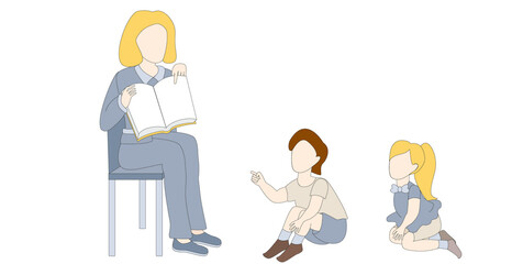 Vector illustartion of educator shows children a book. Peoples without faces. Flat illustration.