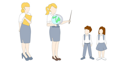 Fototapeta premium Vector illustration of two teachers with pupils. One of teacher with book and another with globe. Two pupils with bags. Peoples without faces, Flat illustration.