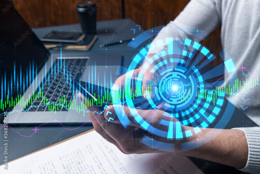 Poster man using phone. hands typing smartphone. double exposure with chart hologram. close up. financial g