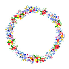 Fototapeta premium Floral Frame. Flowers arranged un a shape of the wreath for invitations and cards