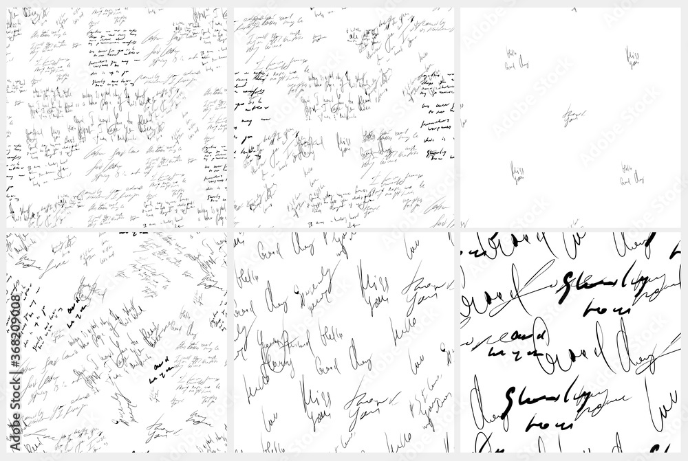 Fototapete seamless abstract text pattern set. handwritten font on a white background. ink on paper