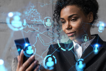 Businesswoman using phone, work in modern office on new project. Double exposure. Concept of...