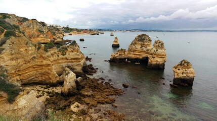 Cloudy day in Lagos, Algarve, Portugal, view of the Atlantic ocean and rocks