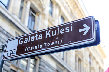 Galata Tower Direction Sign in Istanbul, Turkey