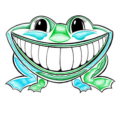 Frog smiles hand drawn with color markers caricature style sketch isolated on a white background.