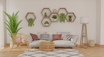 Gray sofa on gray wall background with hexagon shelves on it, 3d rendering