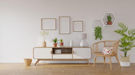 White sideboard and rattan armchair on gray wall background with pictures and shelves on it, 3d rendering 