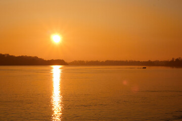 Orange Sunset over the Danube River in autumn
