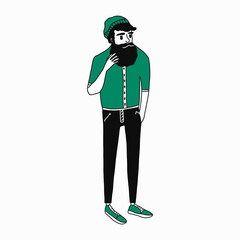 flat cartoon beatnik character, vector illustration of a man with a well-groomed beard and a knitted hat in jeans and sneakers.