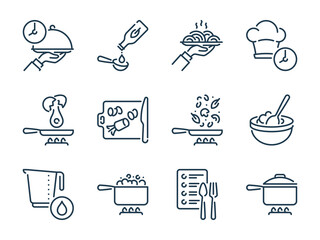 Cooking related vector line icon set. Meal Cooking and Kitchen Equipment outline icons. Food and Kitchen Utensils icon collection.