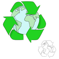 earth with recycle sign vector illustration sketch doodle hand drawn with black lines isolated on white background