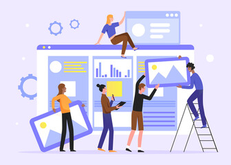 Teamwork develop social media content vector illustration. Cartoon flat tiny developer designer people team working on creative webpage, news portal or information website. Web development background