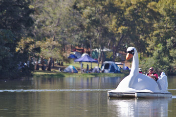 TERESOPOLIS, BRAZIL - JULY 13, 2020: Brazilian people have fun in pedal boat on Teresopolis, 2020,...