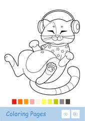 Colorless illustration of cute cat in T-shirt, listening to the music in headphones. Pets preschool kids coloring page illustration and developmental activity.