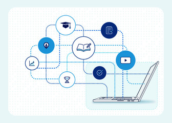 online education illustration: e learning courses, online class platform, education icons, laptop computer side view - obrazy, fototapety, plakaty
