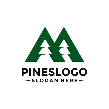 Letter M for Pine Tree Logo Design Template. Vector Illustration.