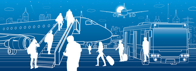 Airport scene. The plane is on the runway. Aviation transportation infrastructure. Airplane fly, people get on the aircraft of bus. Night city on background, vector design art