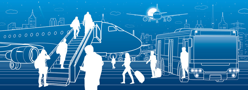 Airport scene. The plane is on the runway. Aviation transportation infrastructure. Airplane fly, people get on the aircraft of bus. Night city on background, vector design art