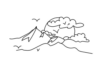 Doodle mountain landscape. Sun behind the mountains,clouds and a flying bird. Dawn or sunset hand drawn in line art style.Vector illustration isolated on white.For print,postcards,posters,book picture