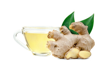 ginger tea in glass cup and leaves isolated on white background