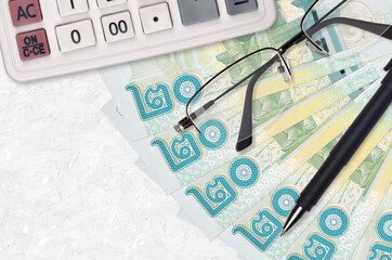 20 Thai Baht bills fan and calculator with glasses and pen. Business loan or tax payment season...