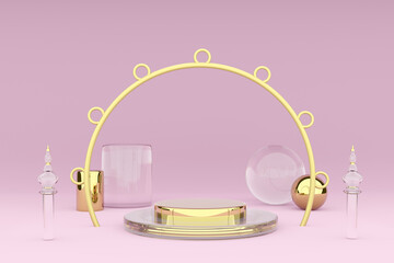 Podium with geometric shapes in pink composition ,Concept 3d illustration or 3d render