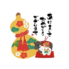 2021年の年賀状デザイン　丑年　イラスト　年賀状　ひょうたんと土鈴　
