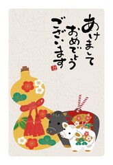 2021年の年賀状デザイン　丑年　イラスト　年賀状　ひょうたんと土鈴　
