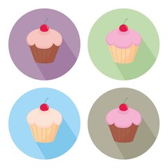 Sweet cherry vector cupcake flat icon set isolated on white background