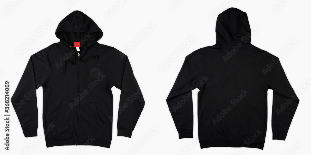 Wall mural Blank black male hooded sweatshirt long sleeve, mens hoody with zipped for your design mockup for print, isolated on white background. Blank black hoodie template front and back view.