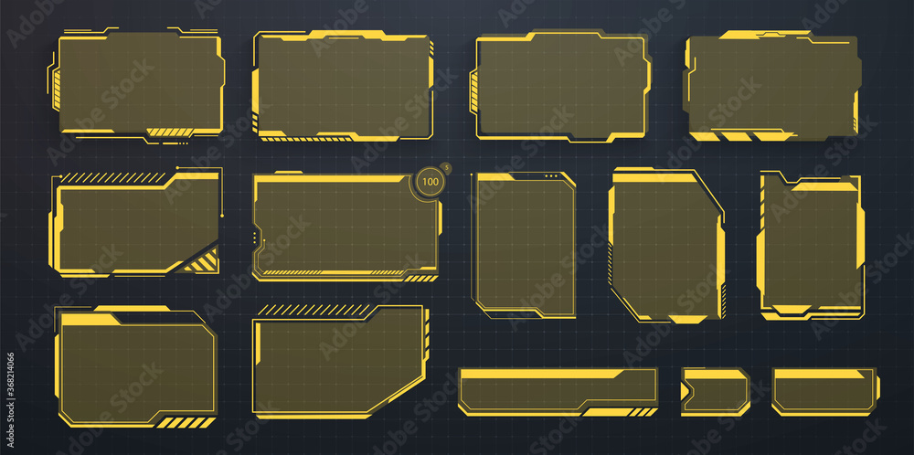 Poster a set of modern frames, callouts for user menu interface elements in futuristic hud style. good for 