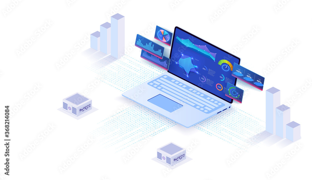Leinwandbilder application of laptop with business graph and analytics data on isometric laptop . analysis trends a