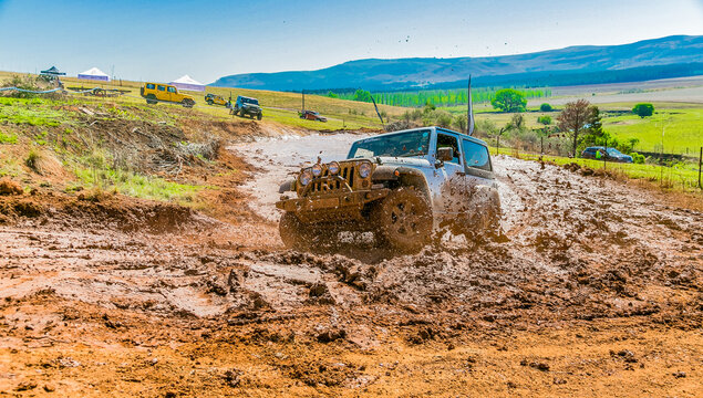 Harrismith, South Africa - October 02 2015: 4x4 Mud Driver Training at Camp Jeep in the Drakensberg