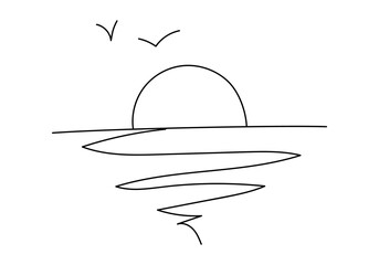 Doodle Sea or ocean landscape. Lineart Sun over the sea, ocean and a flying bird. Dawn or sunset hand drawn in line art style.Vector illustration isolated on white.For print,postcards,posters,book