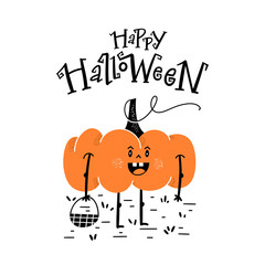 Halloween party card, invitation with hand drawn cute pumpkin and hand-lettered text. 