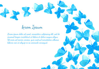 Obraz na płótnie Canvas Watercolor blue butterflies card template. Hand drawn illustration of flock of fairy butterflies isolated on white background with space for text. Cute horizontal frame for banner, poster, invitation.