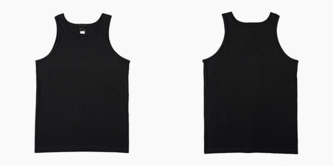 black singlet template front and back view isolated on white background. black tank top without sleeves taken from the top view. Blank singlet set isolated, mock up singlet for print or logo design. - obrazy, fototapety, plakaty