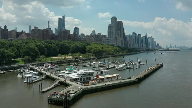 flying south over 79th St. Boat Basin on west side of Manhattan