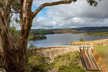 The iconic Myponga Dam on a sunny day located on the Fleurieu Peninsula South Australia on July 21...