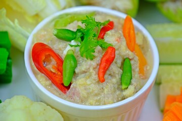 Preserved soy bean dip (Tao Jiaw Lone) Herbed soya beans with minced shrimp and pork in coconut milk. Authentic Thai food.
