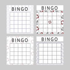 Bingo cards for sea trips with place for numbers. Printable lottery ticket templates with fun patterns. Vector illustration