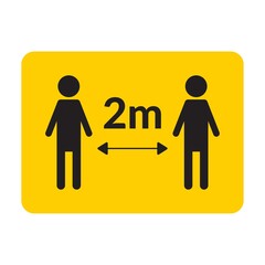 Social distancing yellow sign 2 m. Two people stay on 2 meters distance