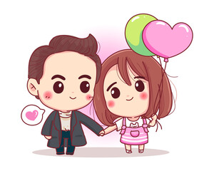 Character of romantic couple hold hands together with happy valentines day lover concept isolated on white background.